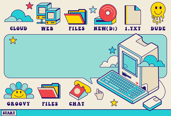 Nostalgia desktop window with copy space.Frame with old computer aesthetic illustration, retrowave style pc. Colorful user interface. Editable template with isolated icons.