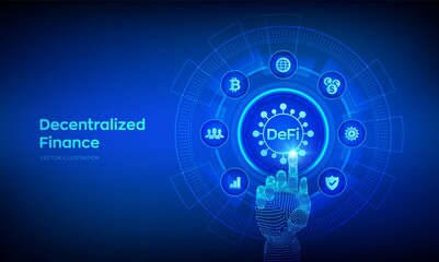 Sticker - DeFi. Decentralized Finance. Blockchain, decentralized financial system. Business technology concept on virtual screen. Robotic hand touching digital interface. Vector illustration.