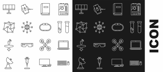 Poster - Set line Keyboard and mouse, Laptop, Test tube flask, User manual, Social network, Neural, Solar energy panel and Smartwatch icon. Vector