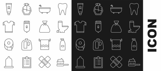 Sticker - Set line Toothbrush with toothpaste, Bottle of liquid antibacterial soap, Toilet bowl, Bathtub, Electrical hair clipper or shaver, T-shirt, Tube and Garbage bag icon. Vector