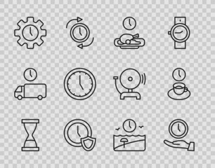 Canvas Print - Set line Old hourglass with sand, Clock, Food time, shield, Time Management, Vacation and Coffee icon. Vector