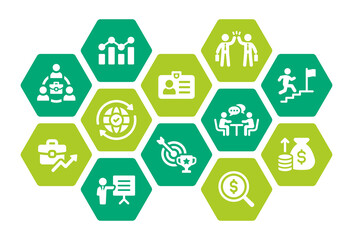 Aufkleber - Business icon set flat design. Business people, discussion, investment, colleague and mission icon vector.