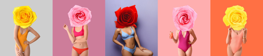 Wall Mural - Set of women with rose flowers instead of their heads and in swimsuits on colorful background