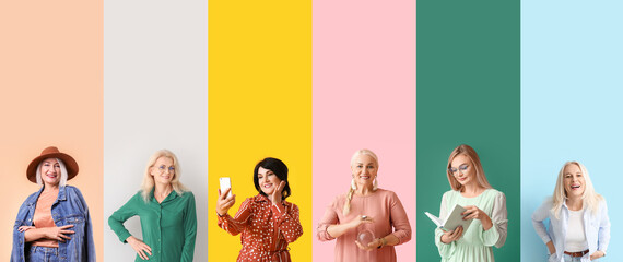 Group of stylish mature women on color background with space for text. Concept of ageing and menopause