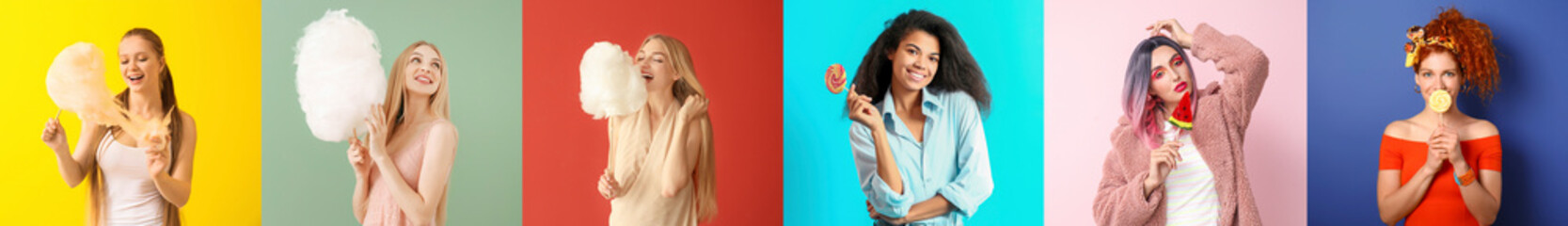 Wall Mural - Set of women with different sweets on colorful background