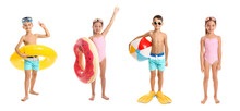 Set Of Cute Little Children In Beachwear, With Paddles, Ball And Inflatable Rings Isolated On White