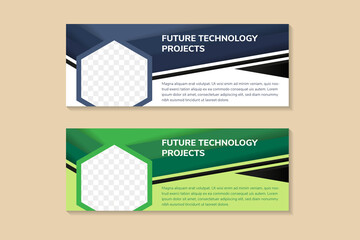 Poster - set of future technology projects banner. vector illustrator. horizontal layout with hexagon space for photo collage and text. multicolored blue and green elements. 