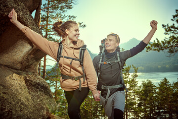 Wall Mural - happy couple of hikers