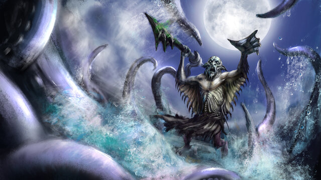 The sea goblin attacks a monster with tentacles with a poisoned spear, the moon is visible behind him, fins and membranes are visible on his body. Digital drawing style, 2D illustration