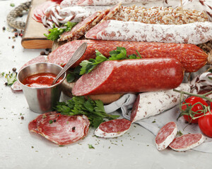 Wall Mural - Sausages salami assortment on light background.