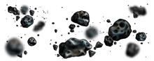 Stone Asteroid Belt Realistic Vector Illustration. Meteor, Space Boulder Or Rock With Craters Flying In Weightlessness Isolated Icon Set On White Background, Various Form