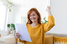 Excited Young Woman Hold Paper Letter Feel Euphoric Receiving Job Promotion Or Tax Refund From Bank, Happy Woman Reading Paperwork Document Smiling Of Good Pleasant News, Getting Student Scholarship