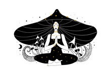 Meditating Mushroom Girl, Concept Of Microdosing, Drug Trip, Microdosing With Fly Agarics. Woman In Mushroom Hat In Lotus Position, Relaxation And Balance Of Mind. Sketch Vector Illustration With Hand