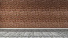 Stylish Empty Room With Red Brick Wall And Wooden Floor, Realistic 3D Illustration Of The Interior, Suitable For Using In Video Conference And As A Virtual Background.