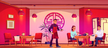 Man Waiter Services Couple In Chinese Restaurant. Vector Cartoon Illustration Of Man And Girl Have Dinner In China Cafe. Asian Interior With Furniture, Red Lanterns And Folding Screen