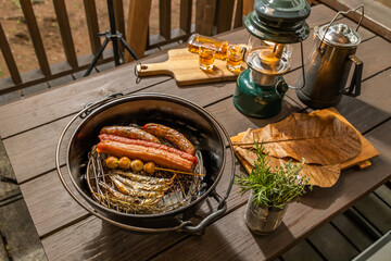 Wall Mural - 手作り燻製　Homemade smoked food at the campsite