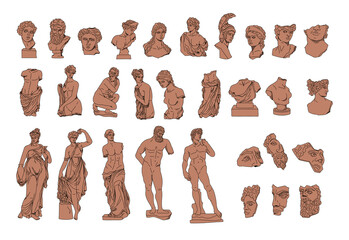 Antique Greek solid terracotta color sculptures of gods, goddess and heros, vector silhouettes ancient statues of men and women figures, bust and full body, hand drawn isolated clip art kit