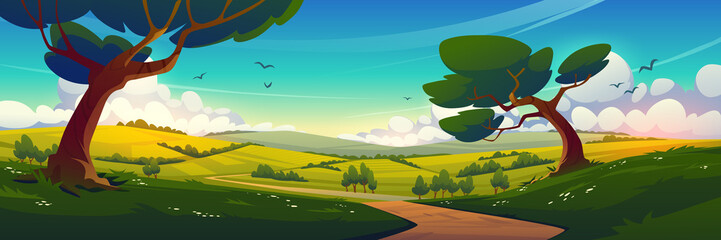 Summer nature landscape with country road and agriculture fields. Vector cartoon illustration of rural countryside of farmland with road and green trees, blue sky and white clouds in horizon