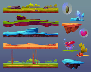 Poster - game ui elements with seamless ground texture, floating islands and items. vector cartoon set of ele
