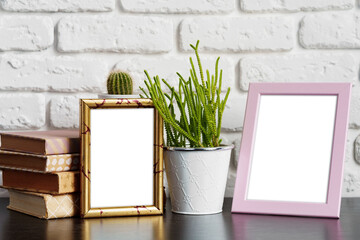 Poster - Books with picture frame on wooden table