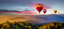 Panorama Of Balloons, Hot Air Balloons On The Hill In Doi Inthanon National Park , Chiang Mai, Thailand
