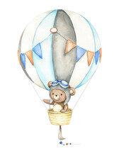 Cute Little Bear In Hot Air Balloon Illustration. Hand Painted Watercolor Design Isolated On White Background. Cartoon Kid Character. For Posters, Prints, Cards, Background