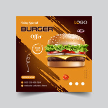 Burger Social Media Marketing Banner Post. Restaurant Hamburger Online Sale Promotion Web Poster With, Business Icon Abstract Digital Background