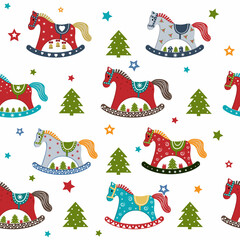  A pattern with a Christmas wooden horse. Color vector illustration