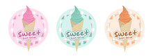 Pink Ice-cream Logo Banner Pink And White Plaid Pattern Background. Pink Plaid On The Fabric Pattern. Square Pattern Pink Square Background. Green And Orange Soft Serve.
