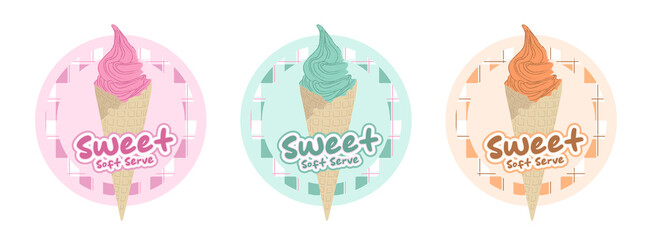 Wall Mural - Pink ice-cream logo banner pink and white plaid pattern background. Pink plaid on the fabric pattern. Square pattern Pink square background. Green and orange soft serve.