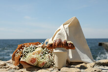 Concept Of Amazing Breakfast Near Sea With Croissant And Paper Cup Of Drink