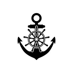 Wall Mural - Illustration of an anchor with ship steering wheel in monochrome style. Design element for poster, card, banner, emblem, sign. Vector illustration