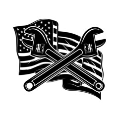 Wall Mural - Illustration of crossed pipe wrenches on us flag background. Design element for poster, card, banner, sign. Vector illustration