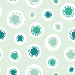 Wall Mural - White circles with green bubbles on light green background. Vector abstract seamless pattern. Hand drawn shapes for fabric, wrapping, scrapbooking or wallpaper.