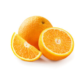 Poster - Orange fruit with half of orange and orange slice isolated on white background.