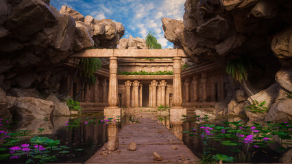 Poster - Ancient fantasy temple entrance with stone path across a pond to the doorway. 3D rendering.