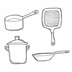  Frying pan. Frying pans hand drawn vector illustrations set. Frying pans sketch drawing icons in different angles.