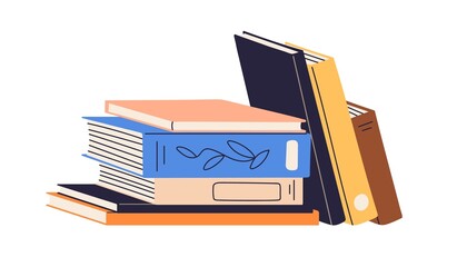 Poster - Abstract books stack. Paper literature spines. Closed fiction novels, academic textbooks for reading, studying. Encyclopedias in hardcovers. Flat vector illustration isolated on white background