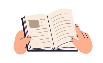 Poster - Hand turning pages of open paper book. Readers students fingers holding abstract literature, reading, studying. Education, knowledge concept. Flat vector illustration isolated on white background