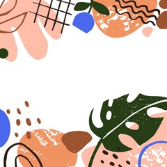 Leinwandbilder - Abstract card design with modern creative elements, leaf, flower. Minimal contemporary background with random organic doodle shapes, strokes, grid, dots. Colored flat graphic vector illustration