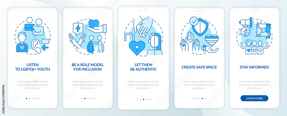 Supporting LGBT youth blue onboarding mobile app screen. Walkthrough 5 ...