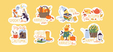 Vector Illustration Set Of Autumn Elements With Quotes. Fall Hand Draw Lettering. Stickers Bundle.