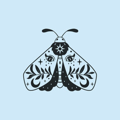 Wall Mural - mystical moth decorated with foliage and eyes.vector illustration with a slotted pattern. perfectly 