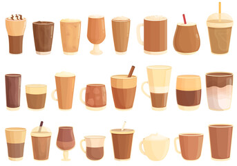 Wall Mural - Cold coffee icons set cartoon vector. Milk americano. Bar beverage