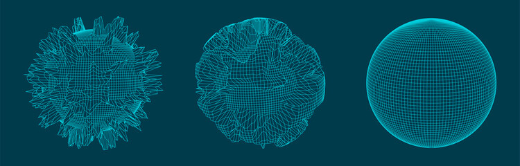 Poster - Set of deformed spheres. Abstract polygonal forms. Destruction effect. Vector illustration