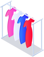 Wall Mural - Hanger for home or boutique interior. Colored pants and jeans on hangers for fitting room. Wardrobe items on stand isolated on white background. Choosing clothes, garments for outfit concept