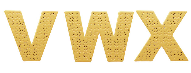 Cream Cracker alphabet. Letters V, W, X, biscuit. 3d illustration. Easy cutting. Isolated white background.