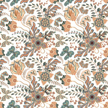 Seamless Pattern With Stylized Ornamental Flowers In Retro, Vintage Style. Jacobin Embroidery. Colored Vector Illustration In Soft Orange And Green Colorson Brown Background