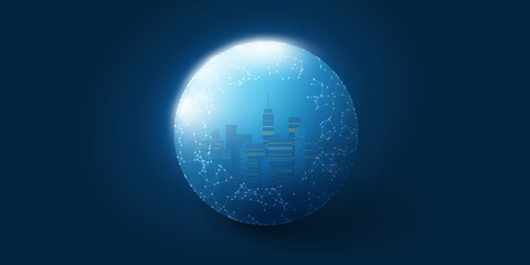 Poster - Cityscape Inside of a Globe on Dark Blue Background - Network Mesh, High Speed Broadband Urban Mobile Telecommunication and Wireless Internet Design Concept, New Cutting Edge Global Technology Concept