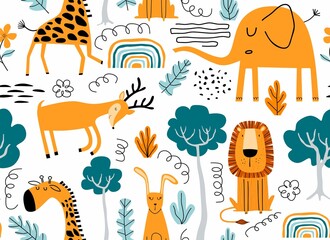 Wall Mural - Vector seamless pattern with cute animal.